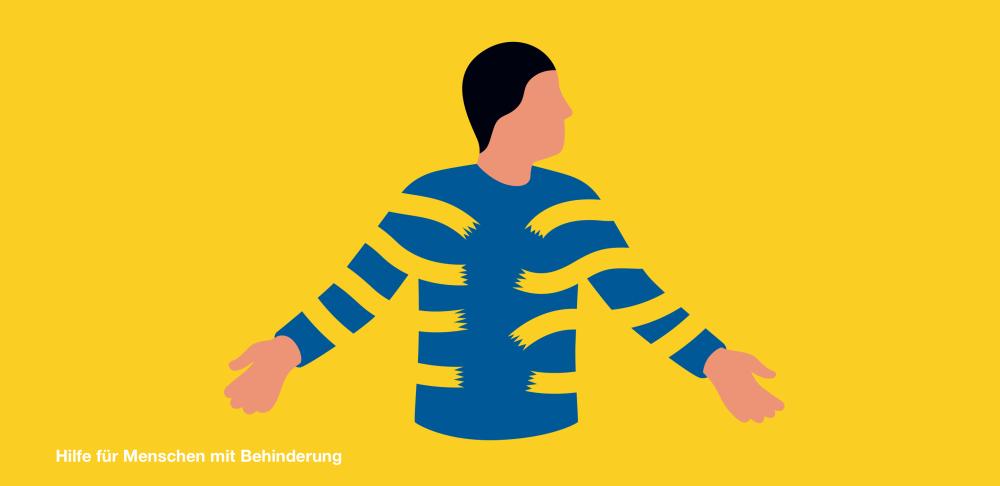 Eine stilisierte Person vor gelbem Hintergrund mit einem blauen Pullover mit gelben Streifen streckt die Arme zur Seite. 